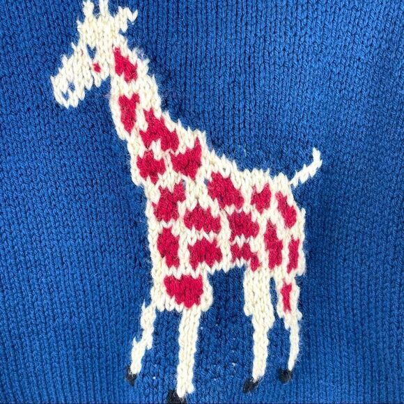 KIDS Handmade Giraffe Knit Navy Crewneck Wool Blend Sweater Size 8 - Picture 4 of 5